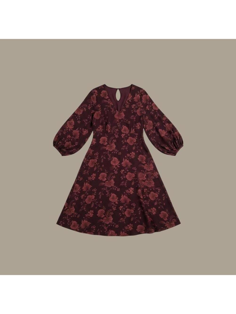 Burgundy Floral Midi Dress with Balloon Sleeves
